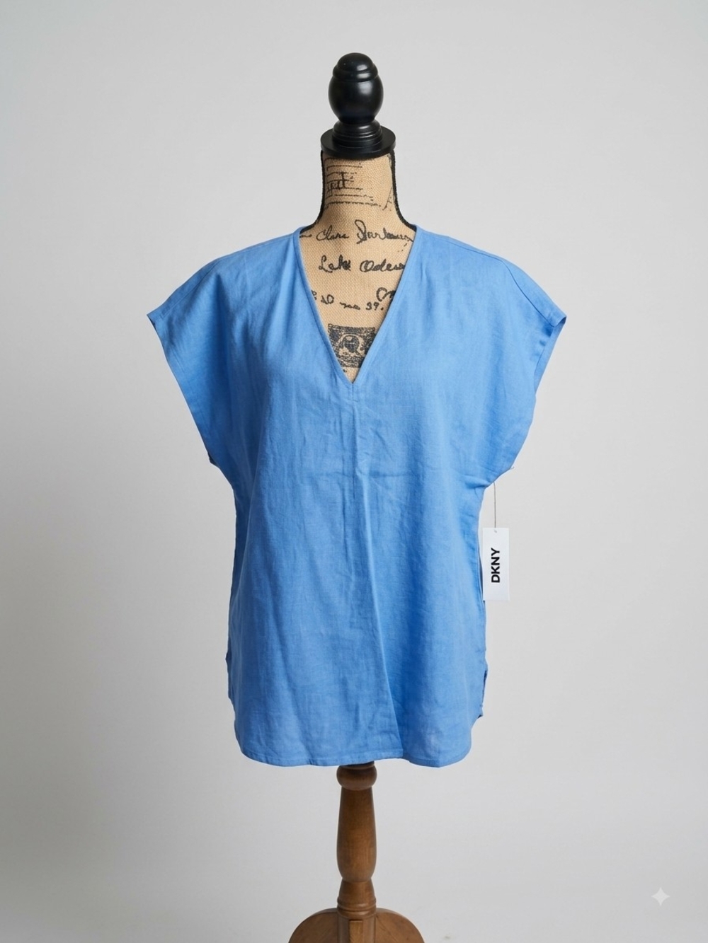 DKNY Women's Blue V-Neck Linen Top